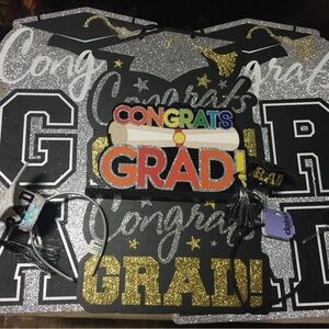7 Pc 🎓 Grad Decor Lot Black Gold & Silver  Glitter Party Signs & Headbands 🎓